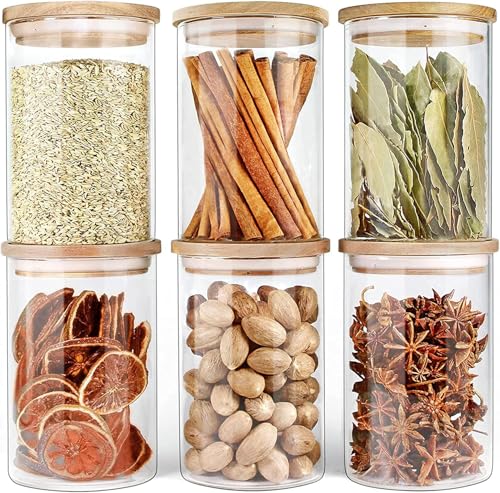 Image of MARTVIA Glass Food Storage Jars With Bamboo Lids 350Ml Set of 6,Wide Mouth Lid Jar For Home Kitchen,Flour,Sugar,Coffee,Pasta,Oats,Grains,Cookies,Snacks (Round,SET OF 6),Transparent