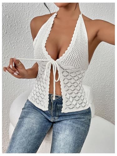 SOLY HUX Women's Crochet Tie Front Halter Neck Crop Camisole Top Swimsuit Cover Up Beachwear4