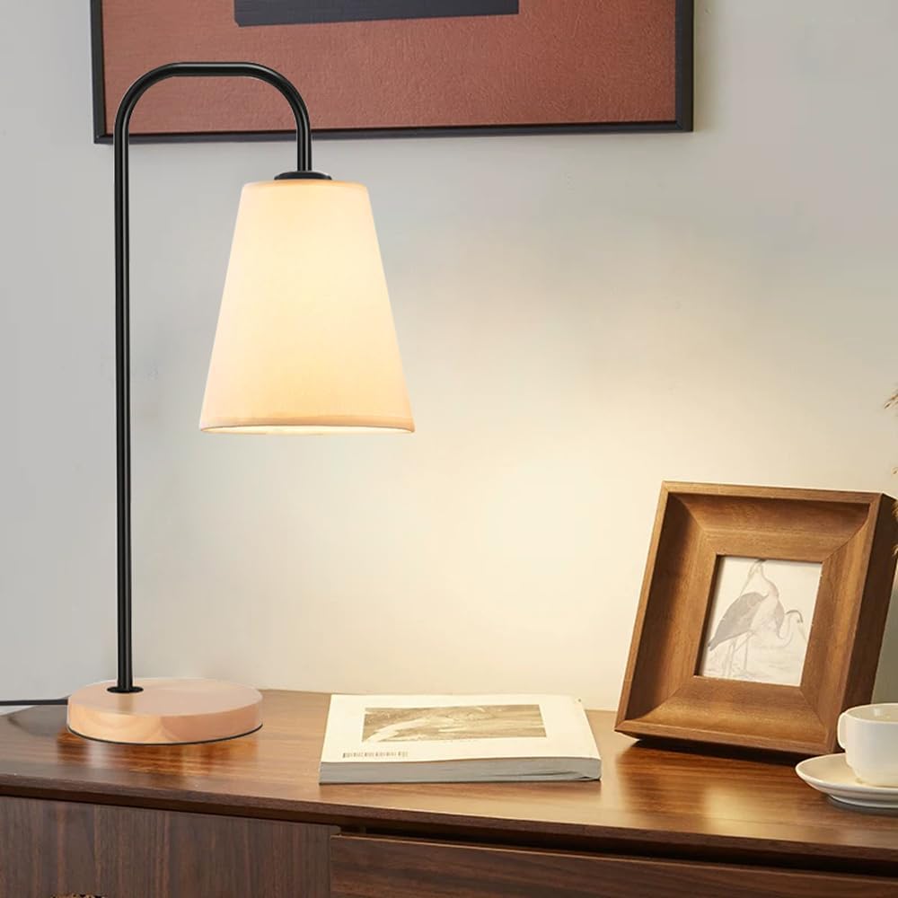 Wood Table Lamp, Small Cute E26 Bedside Lamp with White Fabric Lampshade, Mid Century Desk Side Night Light Nightstand Lamp for Nursery, Bedroom, Kid Room, Living Room, Home Office Decor