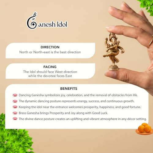 Image of Ekhasa 100% Pure Brass Dancing Ganesha Idol (Size: 6.2cm) | Pital Ganesh Murti for Pooja Room, Home Decor, Office Desk and Car Dashboard | Vinayagar Statue for Diwali Puja