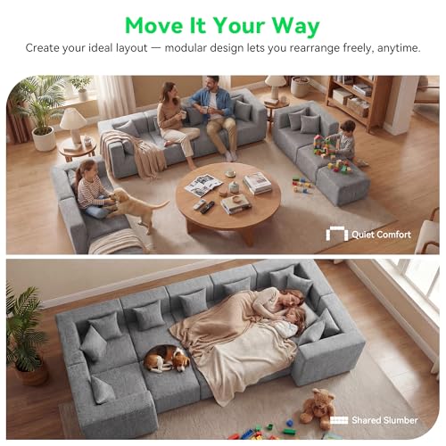 Image of MONVANE Oversized Boneless Sectional Couches for Living Room, 10-Seat Cloud Couch, Modular Sofa with Ottoman & 10 Throw Pillows, Comfy Chenille, No Assembly Required, Light Gray