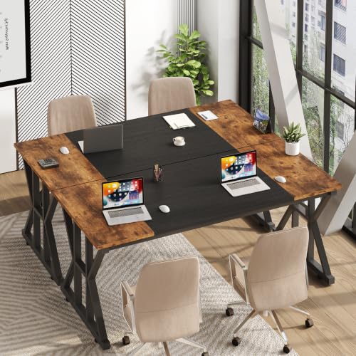 Image of 55 inch Large Computer Desk with Thickened Frame for Home Office, Living Room | Modern Simple Executive Desk, Larger Gaming Desk with X-Shaped ReInchforcement, Rustic Brown /Black