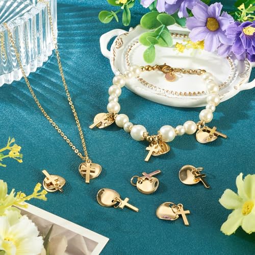 Image of 10Pcs 18K Gold Plated Cross Charms Golden Brass Flat Round with Crosses Pendants Permant Jewelry Charms with Jump Ring for DIY Bracelets Necklaces Earring Jewelry Making