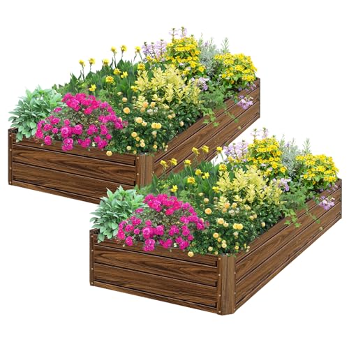 SnugNiture 2 Pcs 8x4x1FT Raised Garden Bed Galvanized Planter Garden Boxes Outdoor, Deep Root Planter Raised Bed for Vegetables Flowers Herbs,Brown Brown 8*4*1 FT(2PCS)