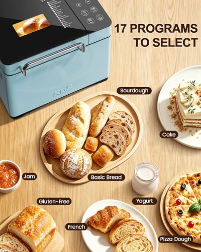 Image of KBS Blue Bread Maker, 2.2LB Smart Bread Machine with Healthy Ceramic Pan, Touchscreen, Auto Nut Dispenser, 17 Automatic Programs, Gluten Free, Sourdough, Dough, Yogurt&Jam, 15H Timer, Stainless Steel