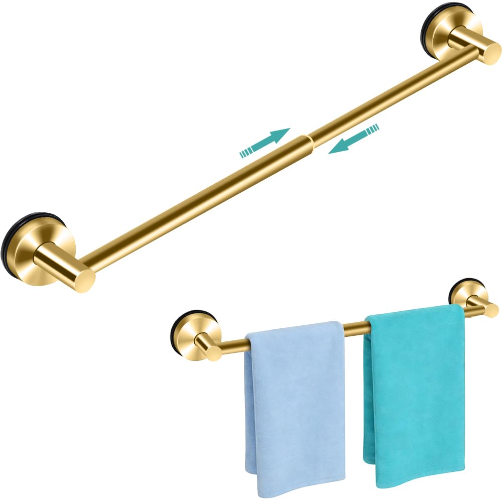 MGahyi Towel Racks for Bathroom, Adjustable Suction Cup Towel Bar, Stainless Steel Towel Bar for Bathroom Wall, Glass Door, Tile, Extendable No Drill Bath Shower Towel Holder (1, Gold, 14.6-24Inch)
