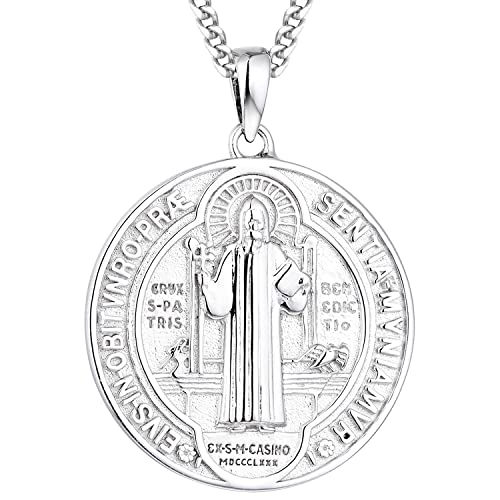 Saint Benedict Medal Necklace 925 Sterling Silver, Catholic st Benedict Jewelry Gift for Men Women