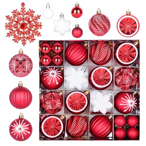 Set de 40 Bolas navideñas Rojas y Blancas, 6 cm de diámetro, plástico irrompible, con Ganchos, Ideales para decoración Interior y Exterior, y para Decorar el árbol de Navidad
