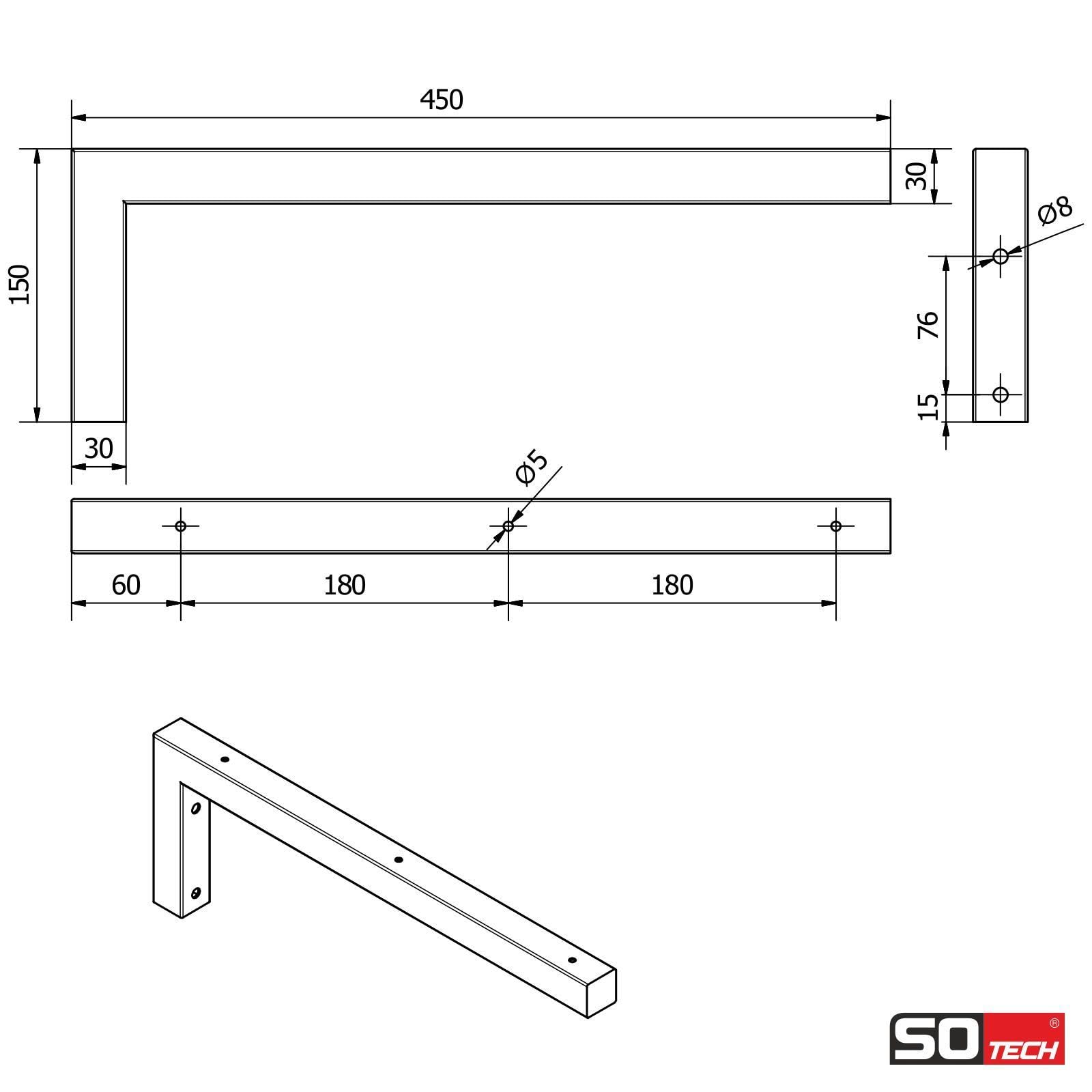 SOTECH 2er Set Wandkonsole in L-Form (450 x 150 x 30 mm, Edelstahl gebürstet), hochwertige Regalstützen zur Wandmontage, besonders geeignet für DIY-Projekte
