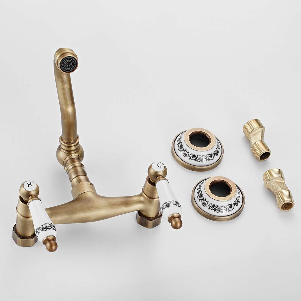 Rubinetto Bronzo a Muro in Ottone con Doppio Manopole in Ceramica Rotazione 360 ° Rubinetto per Cucina a Parete Vintage Supporto Caldo e Freddo Raffinato