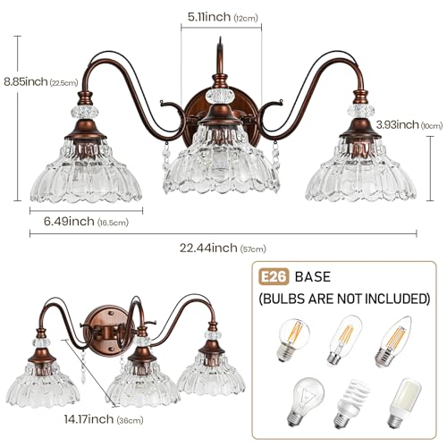 Image of Vintage Bathroom Vanity Light, 3-Light Matte Antique Red Bronze Finish Wall Sconce with Hanging Crystal Accent and Flower-Shaped Clear Glass Shades, Retro Wall Mount Vanity Light Over Mirror