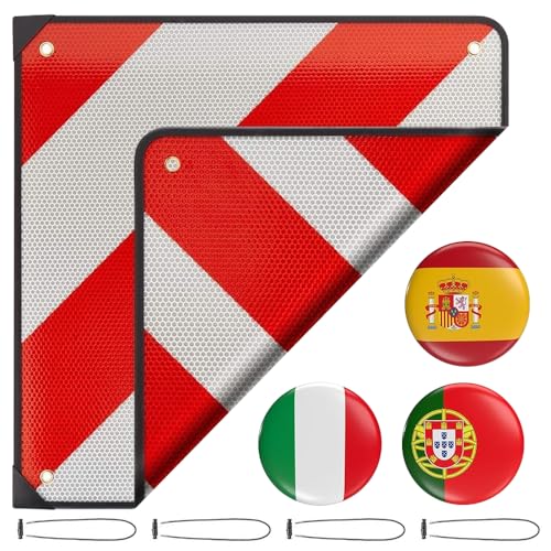 KBIBCK Placa V20 Homologada, 50 x 50 cm Señal Reflectante de Advertencia Rojo y Blanco para Italia, España Y Portugal, Señal de Advertencia con 4 Correas para Autocaravana, Caravana, Portabicicletas