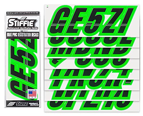 Image of STIFFIE Techtron Black /Electric Green 3 inch Boat & PWC Registration Decals • Numbers Letters Stickers