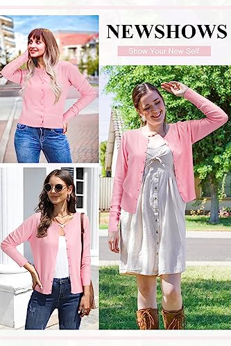 Newshows Women'S 2024 Fall Lightweight Button Down Long Sleeve Light Crew Neck Soft Trendy Pink Cardigan Sweater Tops thumb #1