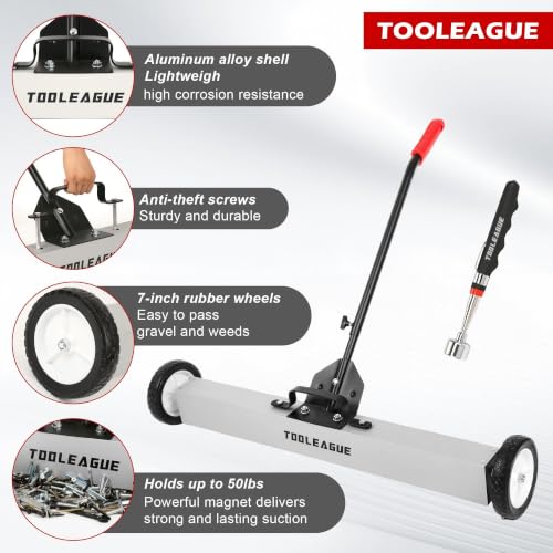 Image of TOOLEAGUE 36 inch Rolling Magnetic Sweeper with Wheels,Telescoping Adjustable Handle,55LBS Capacity Large Magnet Roller,Magnetic Foldable Tray, 25LBS Pickup Pen,3Pcs Magnet Sweeper Set