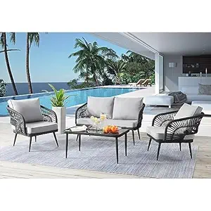 OMCCO Patio Furniture Set, 4 Seater Sofa Rope Sofa Patio Outdoor Garden Furniture Garden Furniture for Balcony Rattan Furniture Sun Shade for Terrace Furniture (Grey).