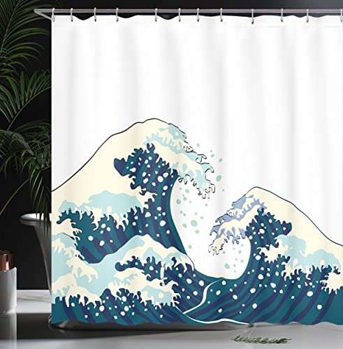 ABAKUHAUS Waves Shower Curtain, Japanese Kanagawa Illustration Nautical Ocean Surfing Theme Aquatic Pattern - Image 3