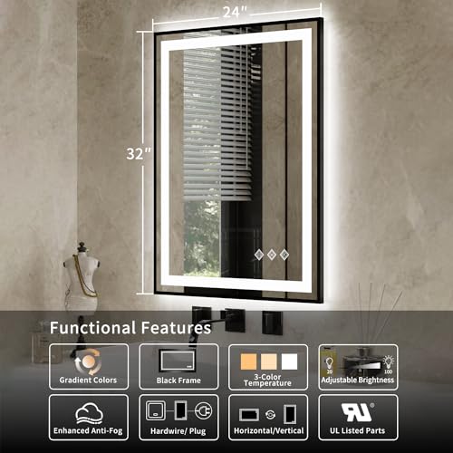 Vanpokins VPGFB001 Led Bathroom Mirror, 24X32 Inch Black Framed Gradient Front And Backlit Led Mirror For Bathroom, 3 Colors Dimmable Cri>90, Ip54 Enhanced Anti-Fog Wall Mounted Lighted Vanity Mirror thumb #1