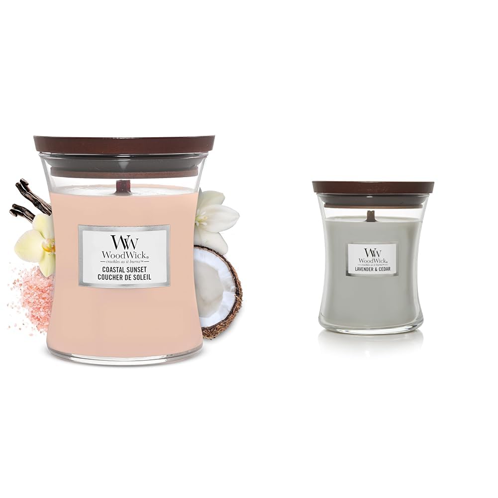 WoodWickMedium Hourglass Candle Bundle - Coastal Sunset and Lavender/Cedar Scents, Soy Blend Wax, Pluswick Wood Wicks, Made in USA