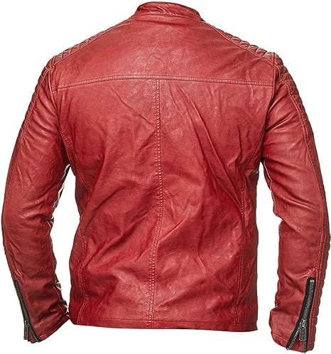 Image of Men's Leather Jacket Cafe Racer Biker Style Retro Stripes Jacket, Motorcycle Racing Leather Jacket Men
