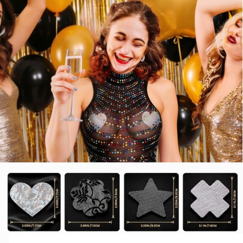 Image of Glitters Pasties Rave Pack Nipple Covers Stickers Disposable Sticky Breast Petals Bra Set for Women Rave Outfit Party