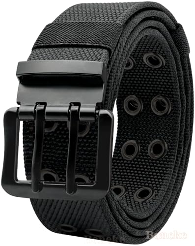 Nylon Webbing Double Grommet Belt for Mens, 126cm Adjustable Canvas Belts Vintage Black Buckle Punk Style Unisex