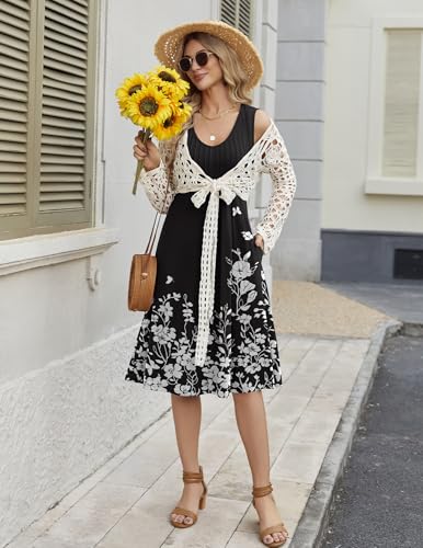 Image of Zeagoo Women Summer Casual Dresses 2026 Sleeveless Midi Pleated Tank Sundress with Pockets V Neck A Line Swing Tshirt Dress