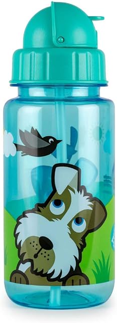 TUM TUM Flip Top Kids Water Bottle with Straw, Tritan Toddler Water Bottle, 400ml, BPA Free (Scruff The Dog)