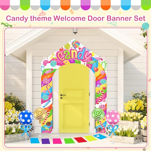 Image of HunnmingRe 3 Pcs Lollipop Candyland Party Decorations for Door Large Porch Sign Door Arch Banner Set Colorful Candy Land Themed Birthday Baby Shower Sweet Shop Party Supplies
