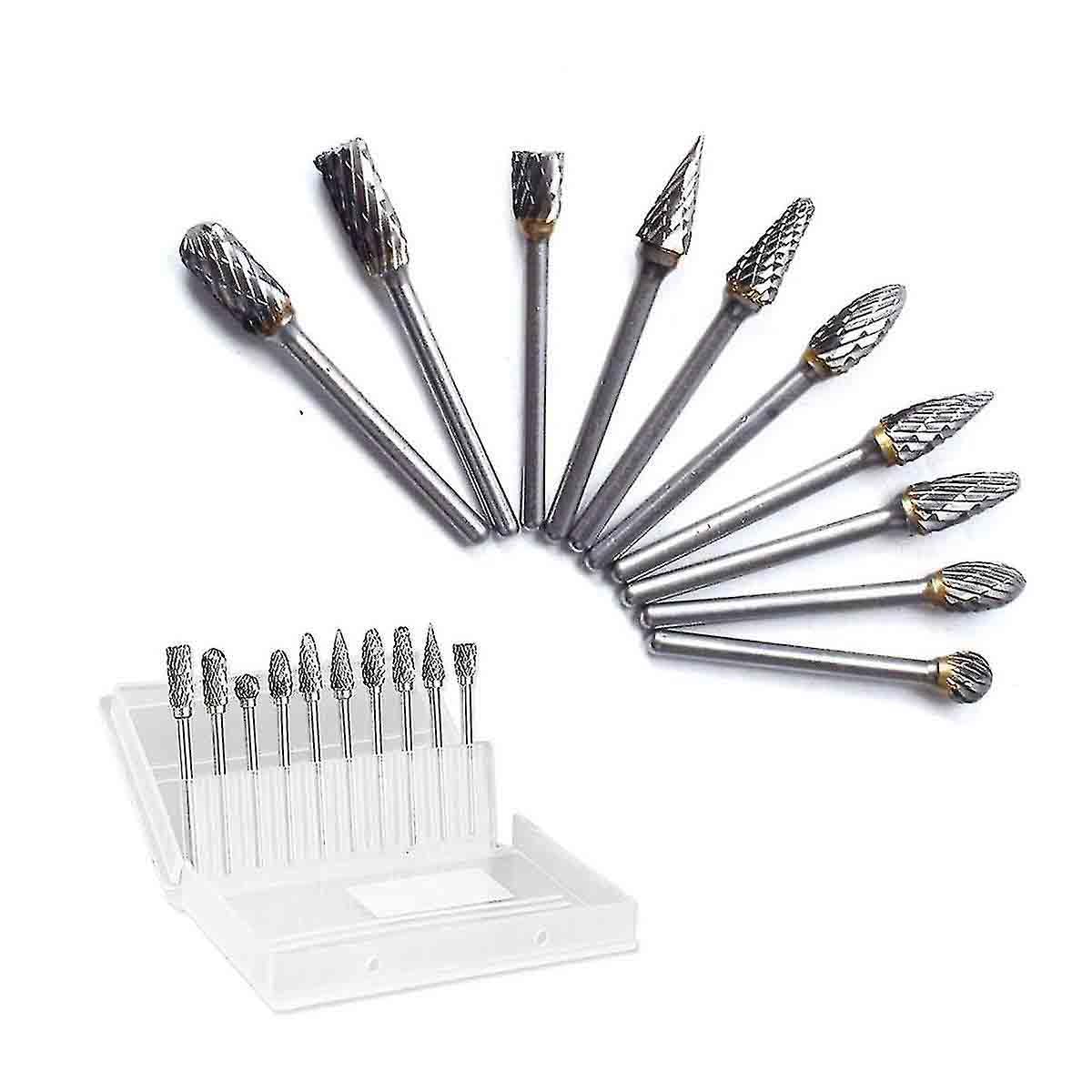 10pcs Tungsten Carbide Burr Rotary Drill Bits Tools for deburring, finishing, carving, shaping and smoothing welds, moulds, dies