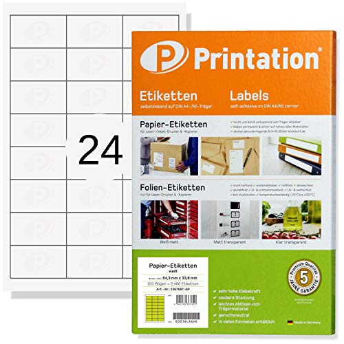Printation Etiketten Selbstklebend 64,6 x 33,8 mm - 600 Adressetiketten Selbstklebend, 24 Aufkleber Pro A4 Bogen, 25 Blatt, Adressaufkleber/Artikeletiketten, Bedruckbar, Matt, Wei&szlig;, 3658 4262 FBA
