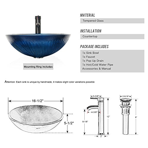 Eclife 16.5" Bathroom Vessel Sink Modern Artistic Round Tempered Glass Ocean Blue Basin Oil Rubbed Bronze 1.5 Gpm Water Save Faucet Pop Up Drain A11 (Round Blue) #TOP4