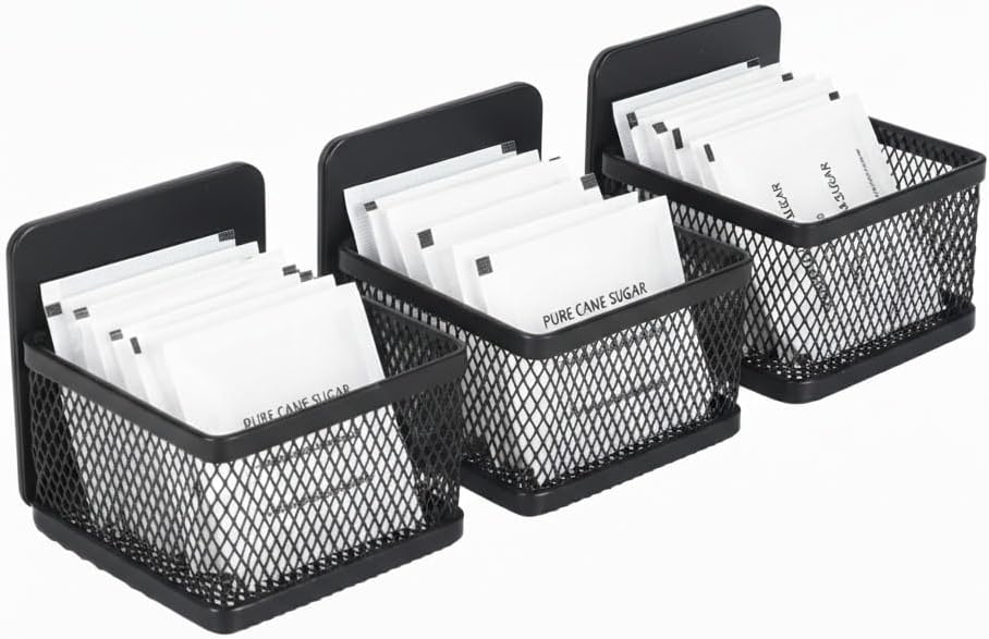 3 Pcs Sugar Packet Holder,Magnetic Mesh Tea Bag Organizer for Refrigerator,Metal Small Sugar Caddy Dispenser for Countertop Coffee Bar,Drink Packet & Kitchen Condiments Organizer（Square）