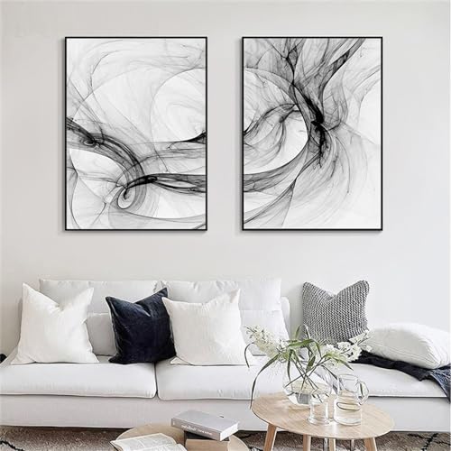 Arte Pared de Lienzo,2 Imágenes Set-Arte de Pared Abstracto Blanco Negro Pintura Moderna Lienzo Imágenes Pared Decoración Sala Estar Dormitorio Póster Líneas Impreso-30*50cm/12*20 pulgadas(sin marco)