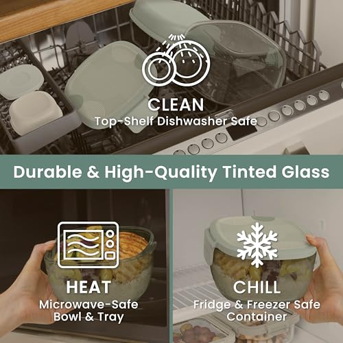 Image of Bentgo Glass Salad Container, 7.6-Cup, 4-Compartment Tray, Reusable Fork