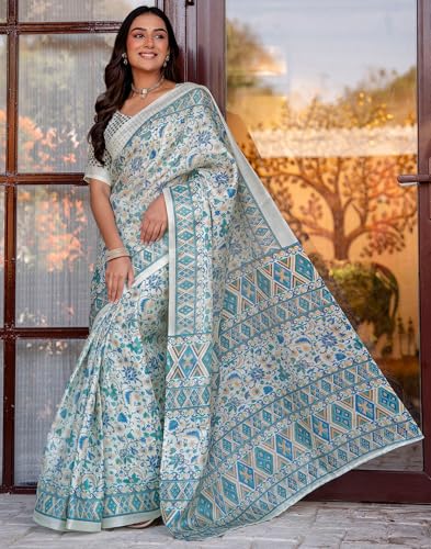 Image of SIRIL Women's Cotton Printed Saree with Unstitched Blouse Piece
