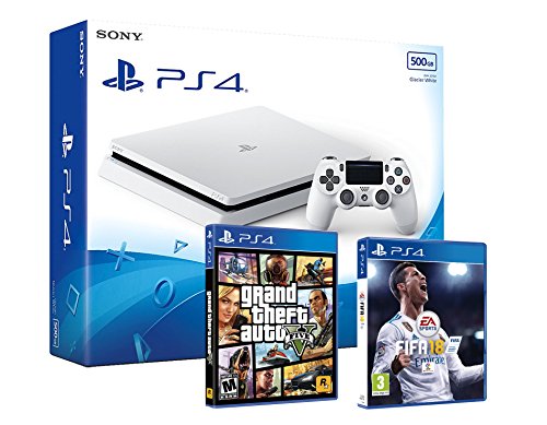 PS4 Slim 500Gb Blanca Playstation 4 Consola - Pack 2 Juegos - FIFA 18 + GTA V
