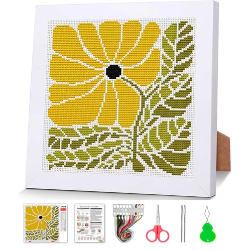 Image of Flower Stamped Cross Stitch Kits for Adults Beginners with Wooden Frame