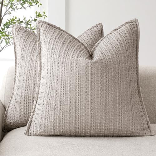 Image of Foindtower Set of 2 Decorative Cotton Waffle Weave Throw Pillow Covers Euro Shams Cushion Covers Accent European Pillowcase for Bed Couch Sofa Bedroom Living Room Home Decor 20x20 Inch Tan Beige