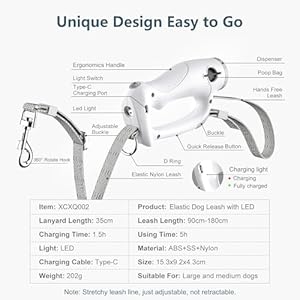 5 in 1 hands free dog leash with led light  dispenser  poop bags 6 ft heavy duty dog leash with anti slip handle for night walking jogging your dog sml 25 110 lbs non retractable   cucciolini doodles