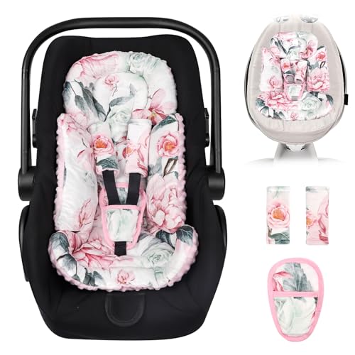 Image of Pea Pod Baby Car Seat Head and Body Support, Infant Carseat Insert Cushion Pad with Strap Covers, Warm Minky Dot Fabric Backing, Perfect for Stroller, Swings, and Baby Car Seat (Floral)