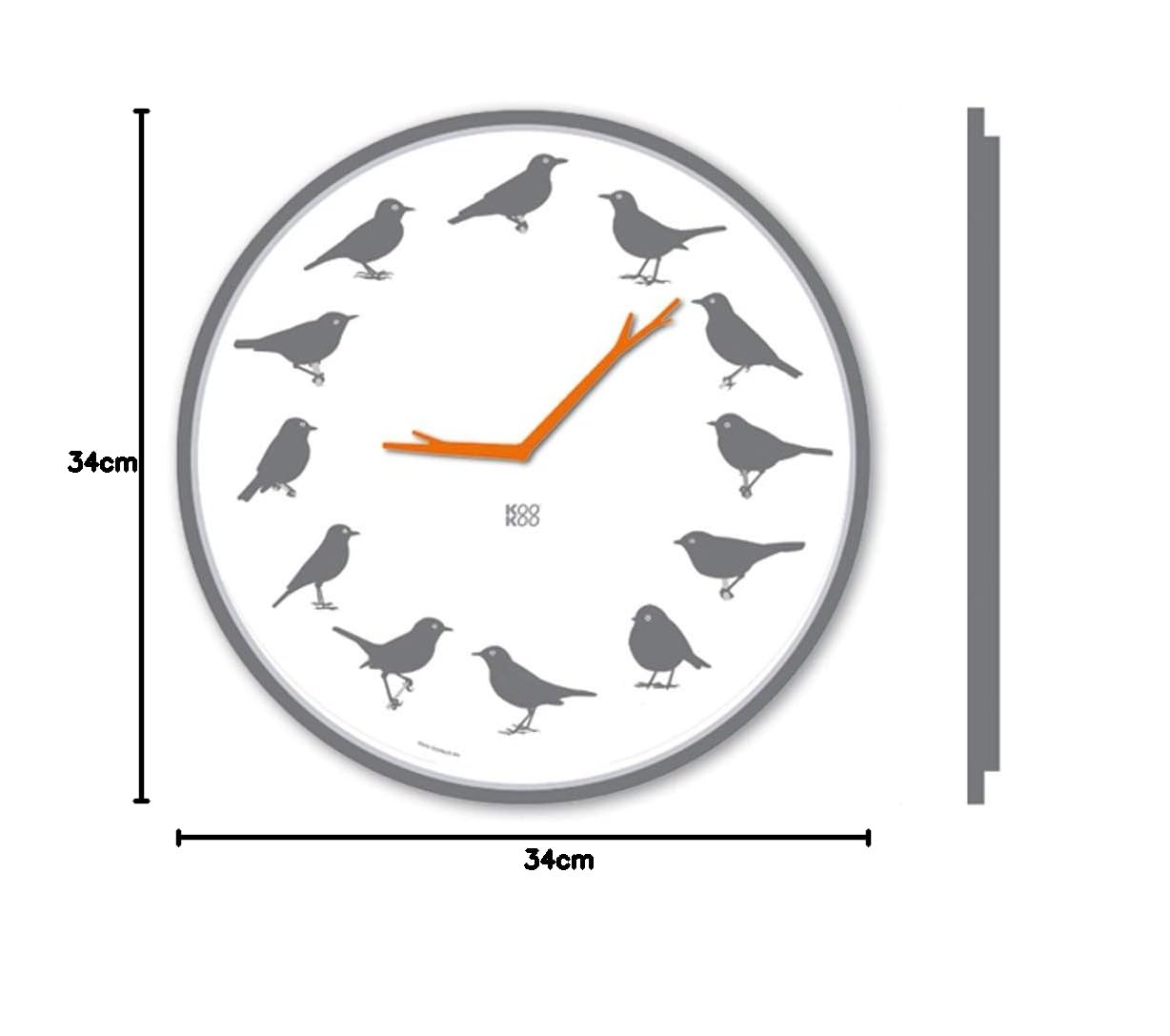 KOOKOO UltraFlat Gris, Reloj de Pared con 12 pájaros cantores, nativos, grabaciones Originales de la Naturaleza, dial Llamativo
