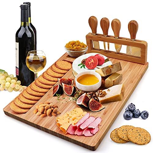 Hossejoy Tabla de cortar queso de bambú con 4 cuchillos de acero...