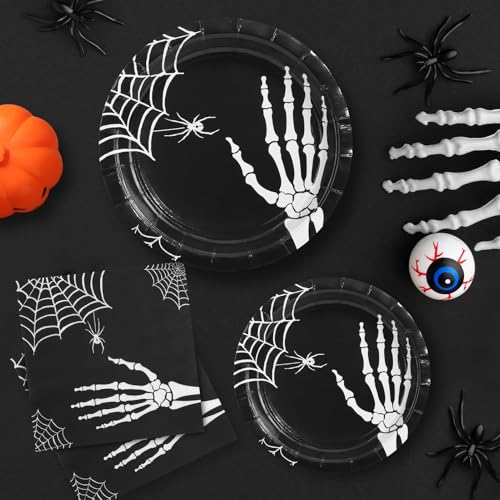 GarveeHome 215 Pcs Halloween Plates and Napkins Set Serve 25, Halloween Hand Bone Disposable Tableware Set, Decorations Includes Plates, Cups, Napkins, Tableware