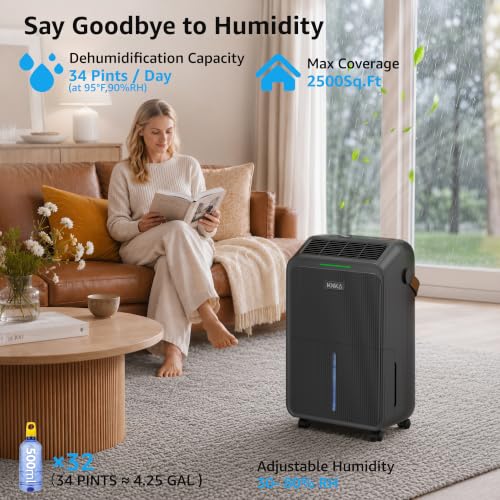 Image of KNKA 2500 Ft Max 34 Pints Dehumidifier for Basement with Drain Hose, Black | Dehumidifiers for Home, Bedroom, Bathroom, Large Room, Three Modes, Intelligent Humidity Control, Dry Clothes, 24HR Timer