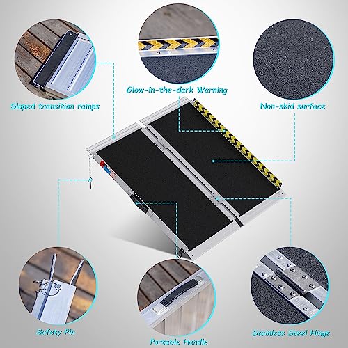 Image of WHALEMOTOR Portable Wheelchair Ramp 3FT, Anti-Slip Aluminum Folding Portable Ramp, Wheelchair Ramps for Home, Weight Capacity Up to 800 LBS, with Transition Plates Above and Below, Loading Dock Plates