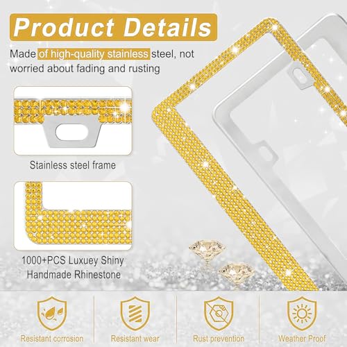 Image of Amiss Bling License Plate Frame for Women, 1Pack Rhinestone Handcrafted Crystal Premium Stainless Steel, Stainless Steel Car Decorative Accessories with Diamond Sparkle Glitter Caps (Gold)