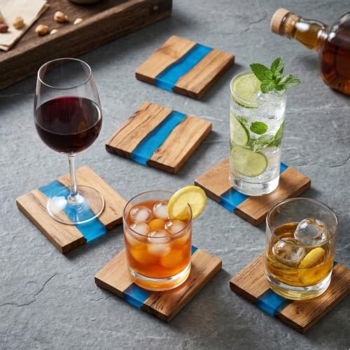 Image of Coaster Set of 4 for Dining Table - Premium Wooden Coasters with Blue River Resin Design - Tea, Coffee & Glass Drink Coasters - Luxury Table Coasters for Office Desk, Kitchen & Home Decor
