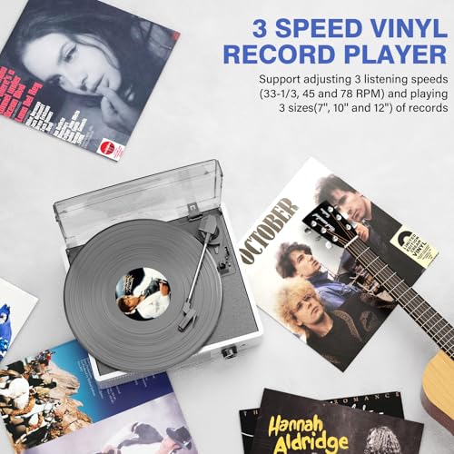 Image of Vinyl Record Player with 2 Stereo Speakers Belt-Driven Vintage Turntables 3 Speed 3 Size Wireless Bluetooth Playback AUX-in RCA Out Headphone LP Vinyl Players Auto Stop Pale Silver