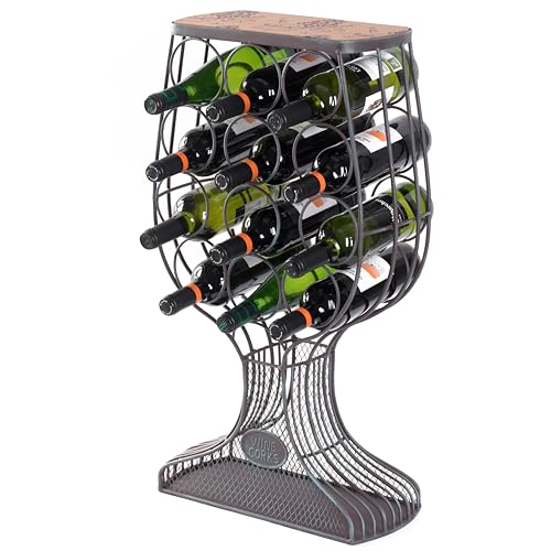 Vintiquewise Vintage Wooden Wine Rack Freestanding Floor Stand with Metal Goblet Shape, Cork Holder, Wood Wine Bottle Rack for Living Room Bar